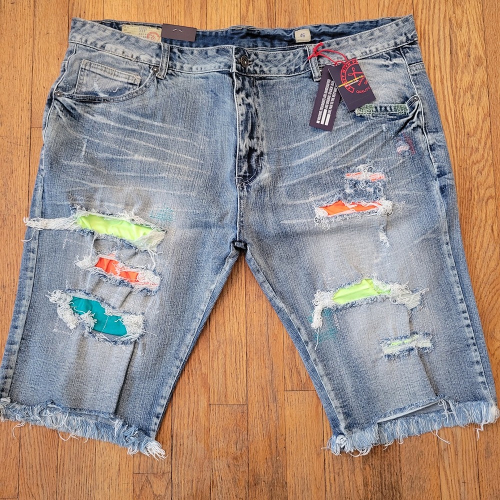 Smoke Rise 46 Denim Short Blue Neon Distressed Frayed Rip Repair Streetwear Punk